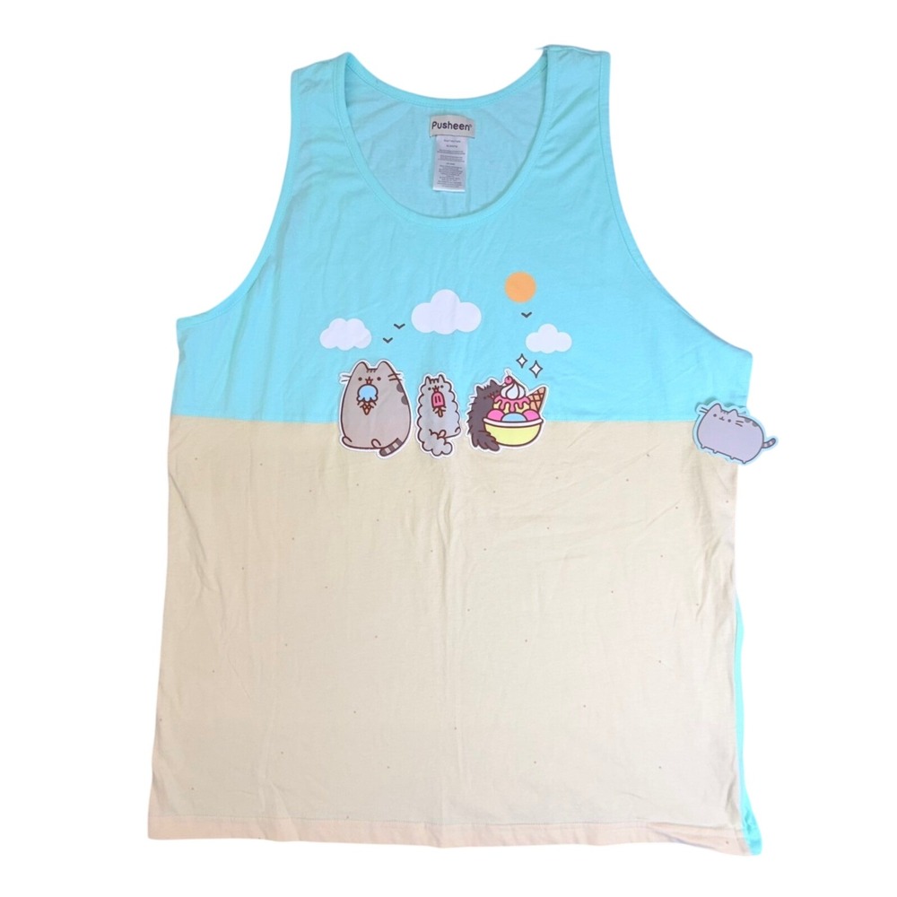 Pusheen Tank Top Women XL Blue Yellow Ice Cream Beach Scene Pusheen Box Exclusiv
